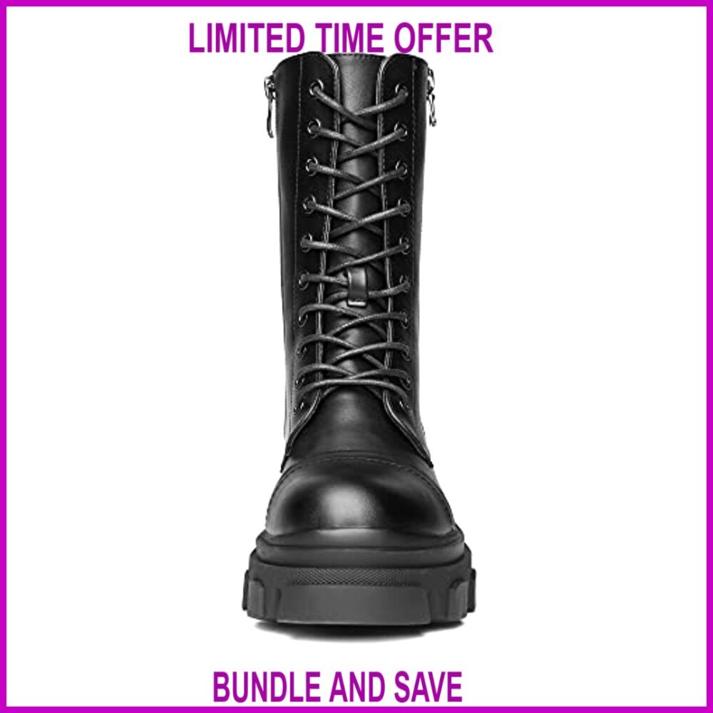 Women's Combat Boots Mid Calf Low Heel Chunky Platform Lug Sole - Picture 4 of 7